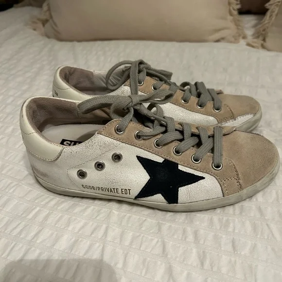 Golden Goose Beige and Navy Star Sneakers - Picture 2 of 5